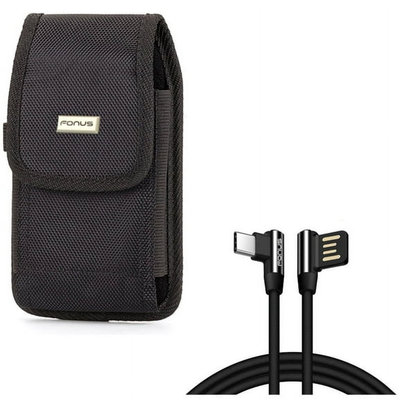 Rugged Canvas Carry Case Belt Holster w Right Angle L-Shaped Durable 10ft Long Type-C USB Cable Sync Wire J5L for ASUS ZenFone 4 Pro - Blackberry Motion - BLU G9, Vivo XI Plus - Coolpad Legacy