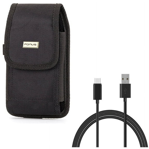 Rugged Canvas Case Holster Metal Belt Clip w Black 6ft Long Type-C Cable Rapid Charge USB Wire Sync N5L for Acer Liquid Jade Primo - Alcatel 7, Idol 4S - ASUS ROG Phone, ZenFone AR 6 5z 4 Pro