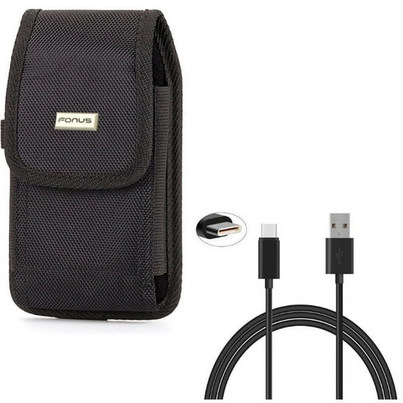 Rugged Canvas Case Vertical Belt Holster w Black 6ft Long Type-C USB Cable w Turbo Charging Sync Wire Fast Charger Z5R for Nokia 3.1 Plus - OnePlus 5T, 6, 6T, 7 Pro - Razer Phone 2