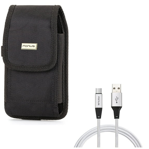 Rugged Canvas Case Vertical Belt Holster w Braided Type-C USB Cable 6ft Long Sync Wire D5R for Blackberry Motion - BLU G9, Vivo XI Plus - Coolpad Legacy - Google Pixel XL 3a XL 3 XL 2 XL