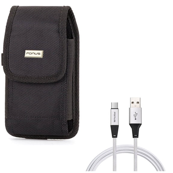 Rugged Canvas Case Vertical Belt Holster w Braided Type-C USB Cable 6ft Long Sync Wire G4K for Acer Liquid Jade Primo - Alcatel 7, Idol 4S - ASUS ROG Phone, ZenFone AR 6 5z 4 Pro