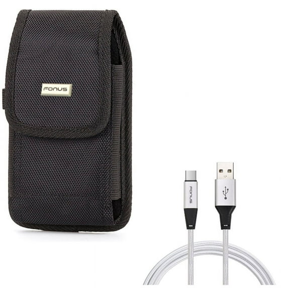 Rugged Canvas Case Vertical Belt Holster w Braided Type-C USB Cable 6ft Long Sync Wire R7V for LG V40 ThinQ, V35 ThinQ, G7 ThinQ, Stylo 4 Plus - Motorola Moto Z4 Z3 Play Z2 Play Z Play Droid