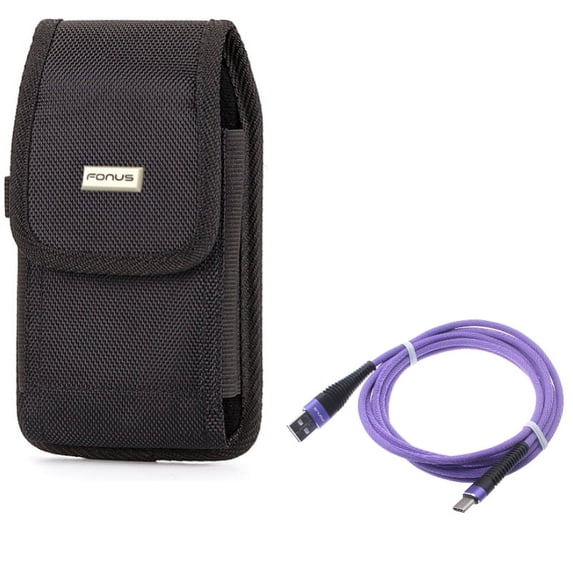 Rugged Canvas Case Vertical Holster Belt Clip w Purple Durable Braided 10ft Long Type-C USB Cable Wire Sync A9K for LG V40 ThinQ, V35 ThinQ, G7 ThinQ, Stylo 4 Plus - Motorola Moto Z4 Z3 Play