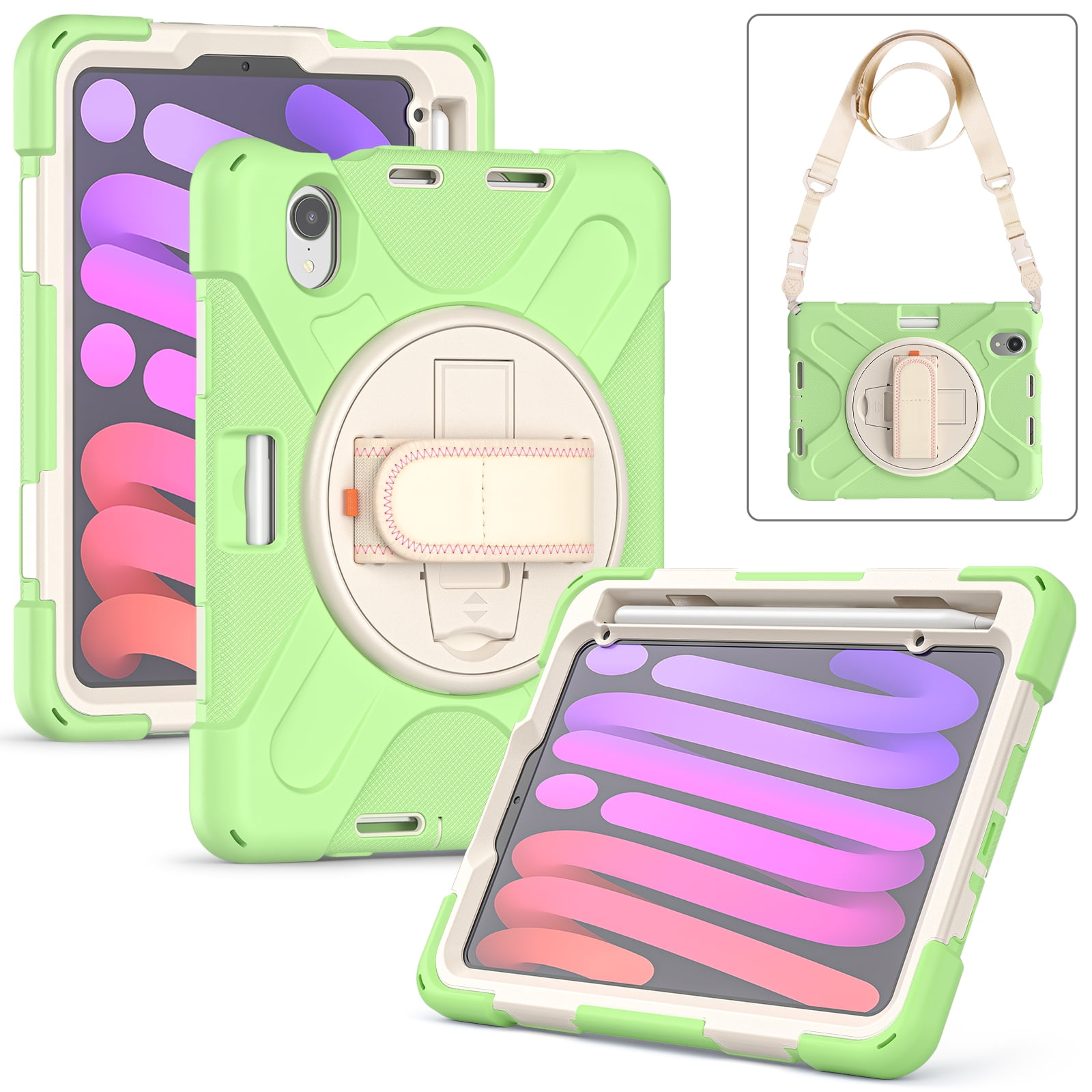 Rugged Case for 2021 Apple iPad Mini 8.3" (6th Generation 2021 Release) - Rotating Stand Case with Adjustable Hand/Shoulder Strap, Built-in Pencil Holder, Shockproof Hard Cover (Spring Green)