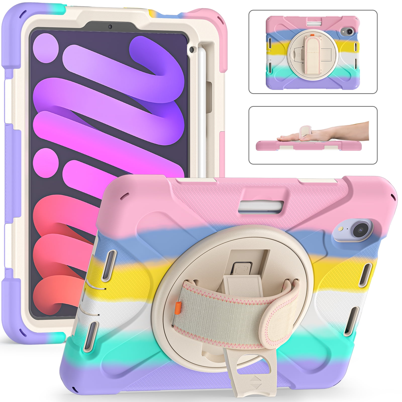 Rugged Case for 2021 Apple iPad Mini 8.3-Inch (6th Generation 2021 Release) - Rotating Stand Case with Adjustable Hand Strap /Pencil Holder, Shockproof Protective Hard Cover (Rainbow Pink)