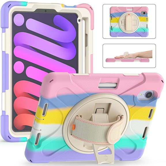 Rugged Case for 2021 Apple iPad Mini 8.3-Inch (6th Generation 2021 Release) - Rotating Stand Case with Adjustable Hand Strap /Pencil Holder, Shockproof Protective Hard Cover (Rainbow Pink)