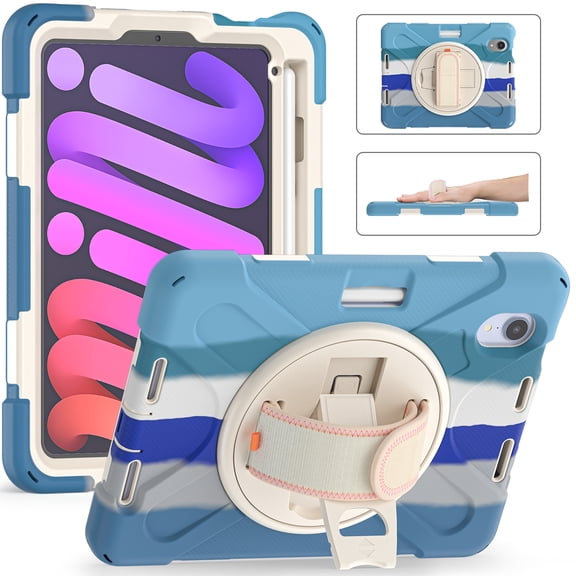 Rugged Case for 2021 Apple iPad Mini 8.3-Inch (6th Generation 2021 Release) - Rotating Stand Case with Adjustable Hand Strap /Pencil Holder, Shockproof Protective Hard Cover (Rainbow Blue)