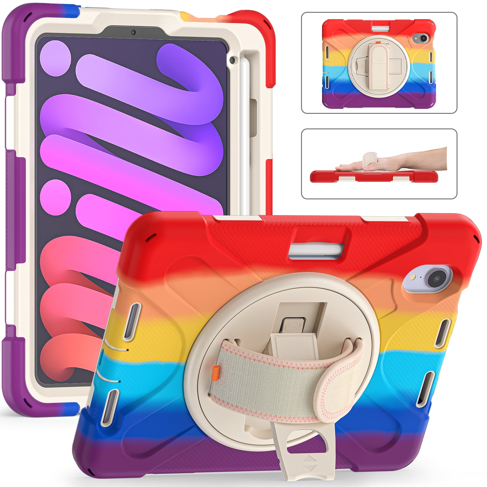 Rugged Case for 2021 Apple iPad Mini 8.3-Inch (6th Generation 2021 Release) - Rotating Stand Case with Adjustable Hand Strap /Pencil Holder, Shockproof Protective Hard Cover (Rainbow Red)