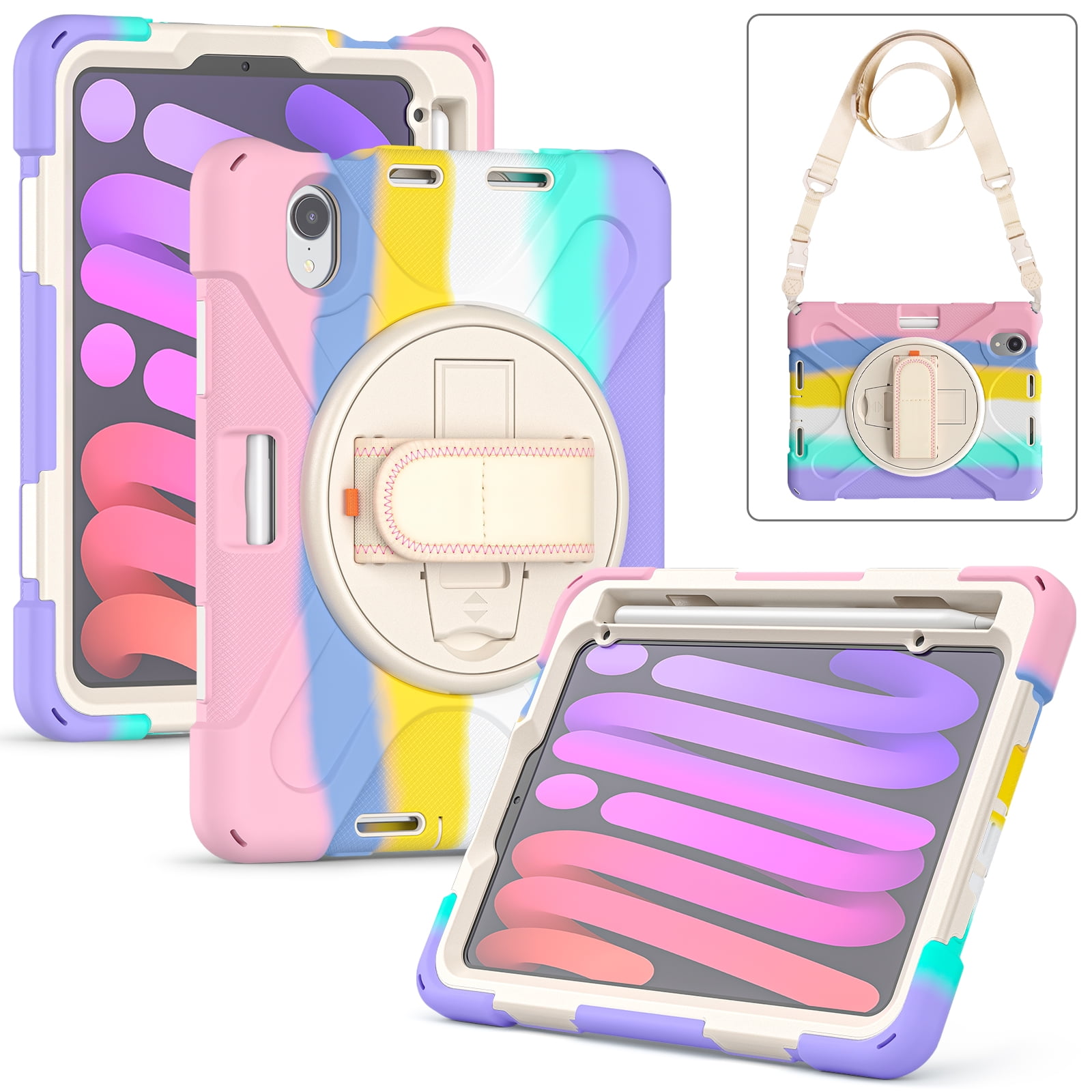 Rugged Case for 2021 Apple iPad Mini 8.3-Inch (6th Generation 2021 Release) - Rotating Stand Case with Hand Strap /Adjustable Shoulder Strap /Pencil Holder, Shockproof Protective Cover (Rainbow Pink)