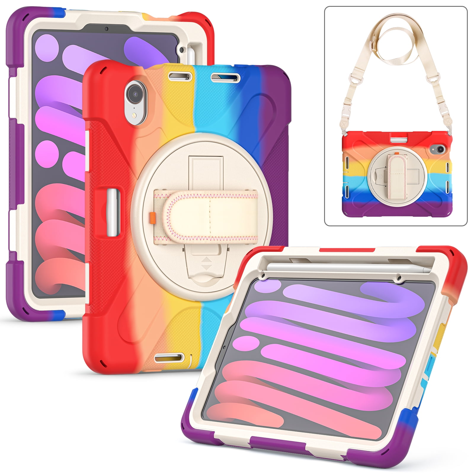 Rugged Case for 2021 Apple iPad Mini 8.3-Inch (6th Generation 2021 Release) - Rotating Stand Case with Hand Strap /Adjustable Shoulder Strap /Pencil Holder, Shockproof Protective Cover (Rainbow Red)
