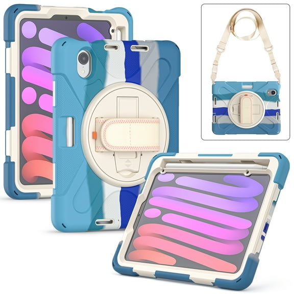 Rugged Case for 2021 Apple iPad Mini 8.3-Inch (6th Generation 2021 Release) - Rotating Stand Case with Hand Strap /Adjustable Shoulder Strap /Pencil Holder, Shockproof Protective Cover (Rainbow Blue)