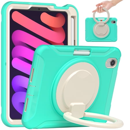 Rugged Case for 2021 Apple iPad Mini 8.3-Inch (6th Generation 2021 Release) - Rotating Stand Handle Case, Built-in Pencil Holder, Lightweight Shockproof Hard Silicone/Plastic Cover (Mint Green)