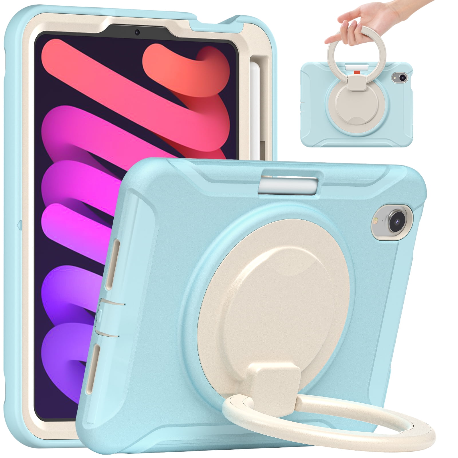 Rugged Case for 2021 Apple iPad Mini 8.3-Inch (6th Generation 2021 Release) - Rotating Stand Handle Case, Built-in Pencil Holder, Lightweight Shockproof Hard Silicone/Plastic Cover (Light Blue)