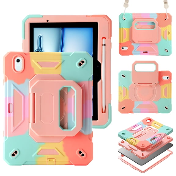 Allytechgrou Rugged Case for Apple Air 11 Inch M4 M3 M2 2026 2025 2024, Heavy Duty Shockproof Kickstand Handle Design with Shoulder Strap Kids Friendly Protection Case for iPad Air 11", Colorful Pink