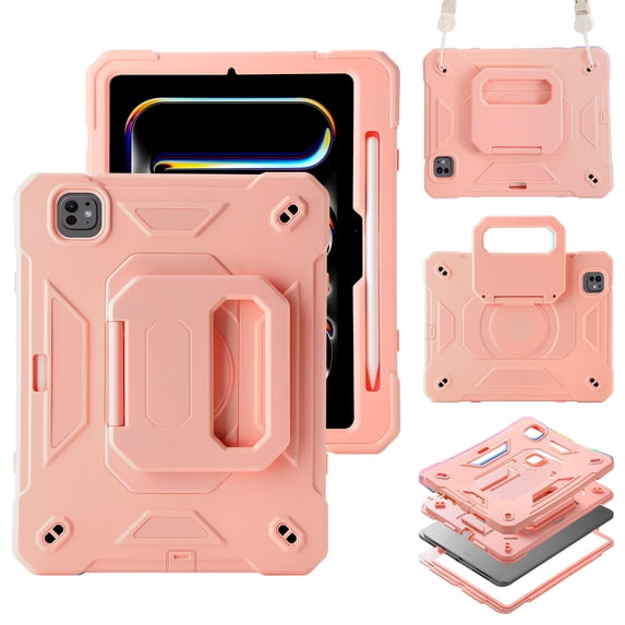 Rugged Case for Apple Pro 11 Inch 2024, Heavy Duty Shockproof Kickstand Handle Design with Shoulder Strap Kids Friendly Drop Protection Case for iPad Pro 11 M4 2024, Pink
