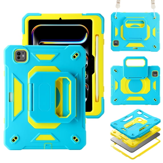 Rugged Case for Apple Pro 11 Inch 2024, Heavy Duty Shockproof Kickstand Handle Design with Shoulder Strap Kids Friendly Drop Protection Case for iPad Pro 11 M4 2024, Skyblue
