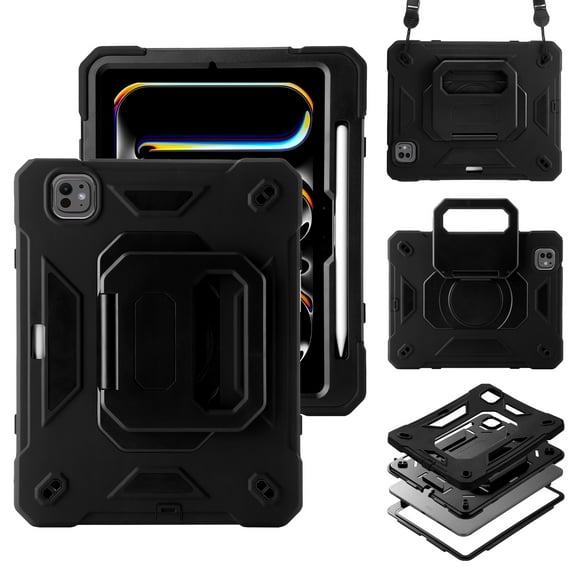 Rugged Case for Apple Pro 11 Inch 2024, Heavy Duty Shockproof Kickstand Handle Design with Shoulder Strap Kids Friendly Drop Protection Case for iPad Pro 11 M4 2024, Black