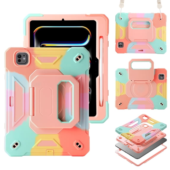 Rugged Case for Apple Pro 11 Inch 2024, Heavy Duty Shockproof Kickstand Handle Design with Shoulder Strap Kids Friendly Drop Protection Case for iPad Pro 11 M4 2024, Colorful Pink