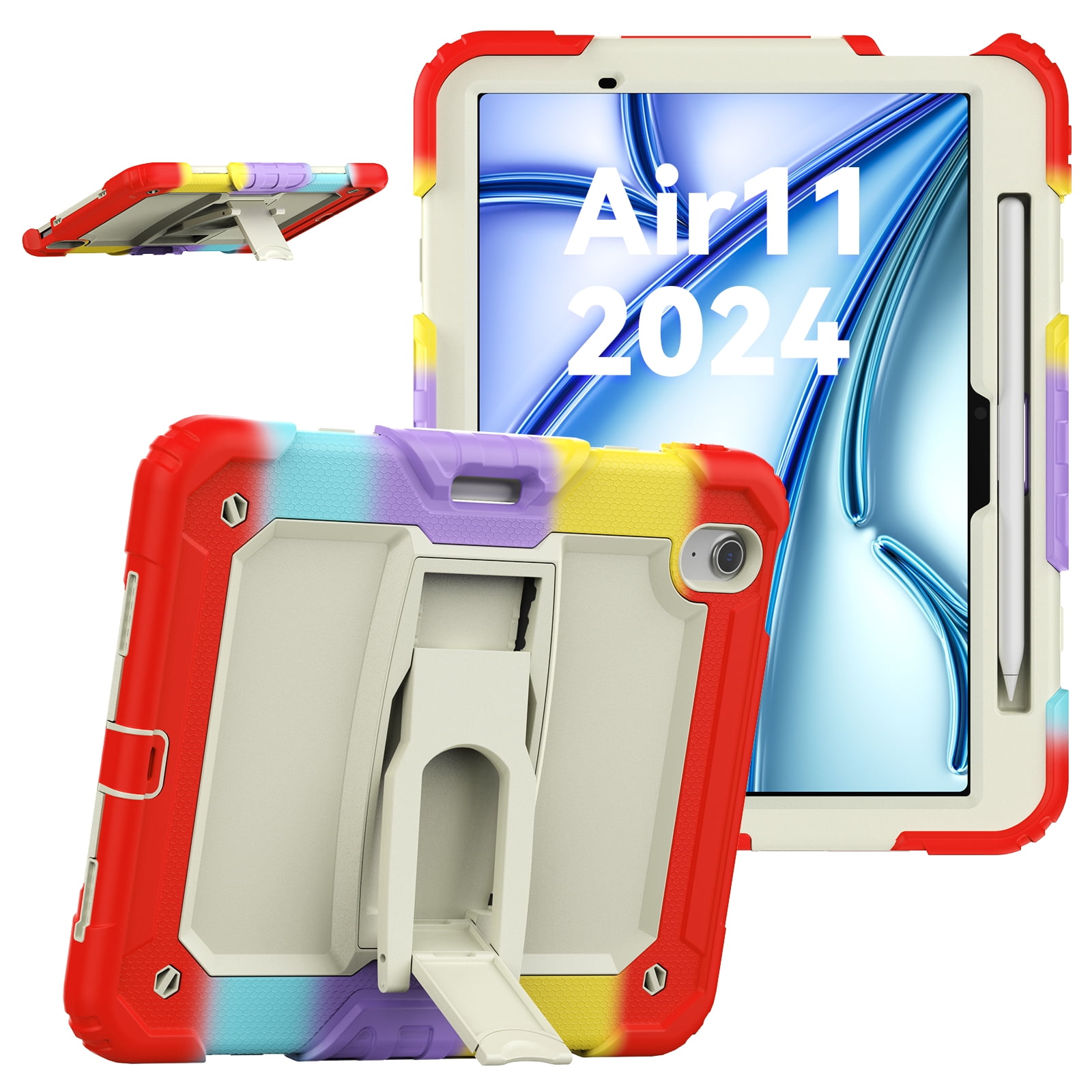Rugged Case For Apple iPad Air 11 (2024) – 3-Layer Protection Shockproof Stand Cover with Screen Protector, Adjustable Stand, Shoulder Strap, & Pencil Holder -- Colorful Red