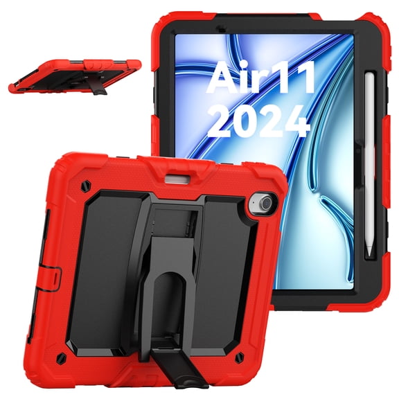 Rugged Case For Apple iPad Air 11 (2024) – 3-Layer Protection Shockproof Stand Cover with Screen Protector, Adjustable Stand, Shoulder Strap, & Pencil Holder -- Red
