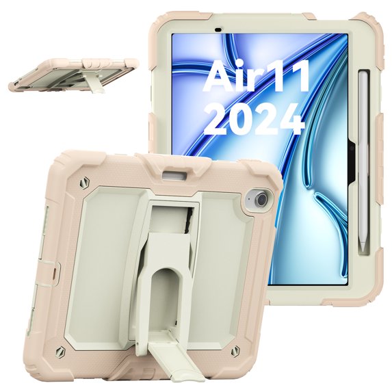Rugged Case For Apple iPad Air 11 (2024) – 3-Layer Protection Shockproof Stand Cover with Screen Protector, Adjustable Stand, Shoulder Strap, & Pencil Holder -- Rosegold