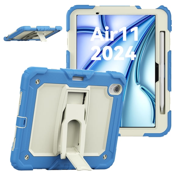 Rugged Case For Apple iPad Air 11 (2024) – 3-Layer Protection Shockproof Stand Cover with Screen Protector, Adjustable Stand, Shoulder Strap, & Pencil Holder -- Skyblue