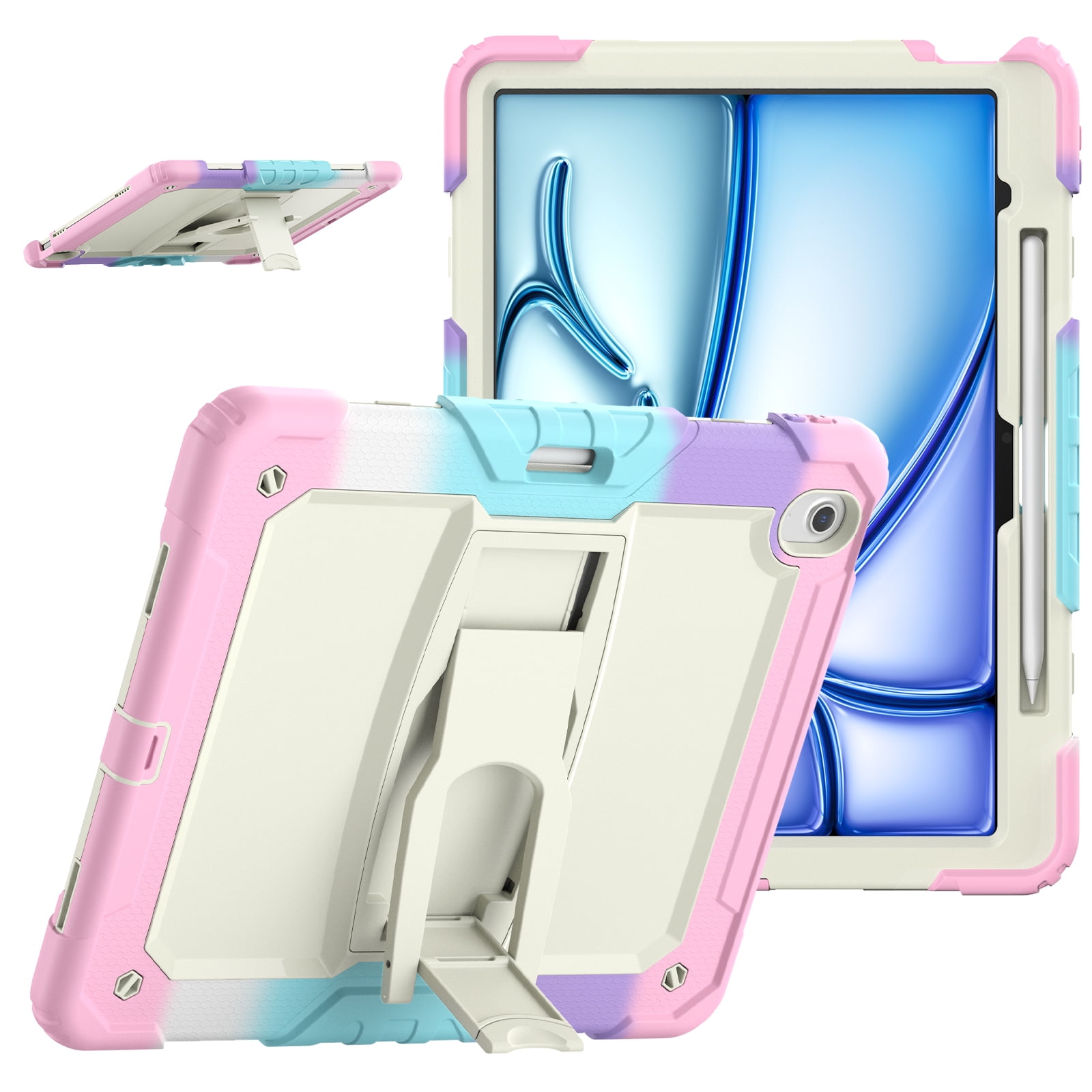 Rugged Case For Apple iPad Air 13 (2024) – 3-Layer Protection Shockproof Stand Cover with Screen Protector, Adjustable Stand, Shoulder Strap, & Pencil Holder -- Colorful Pink