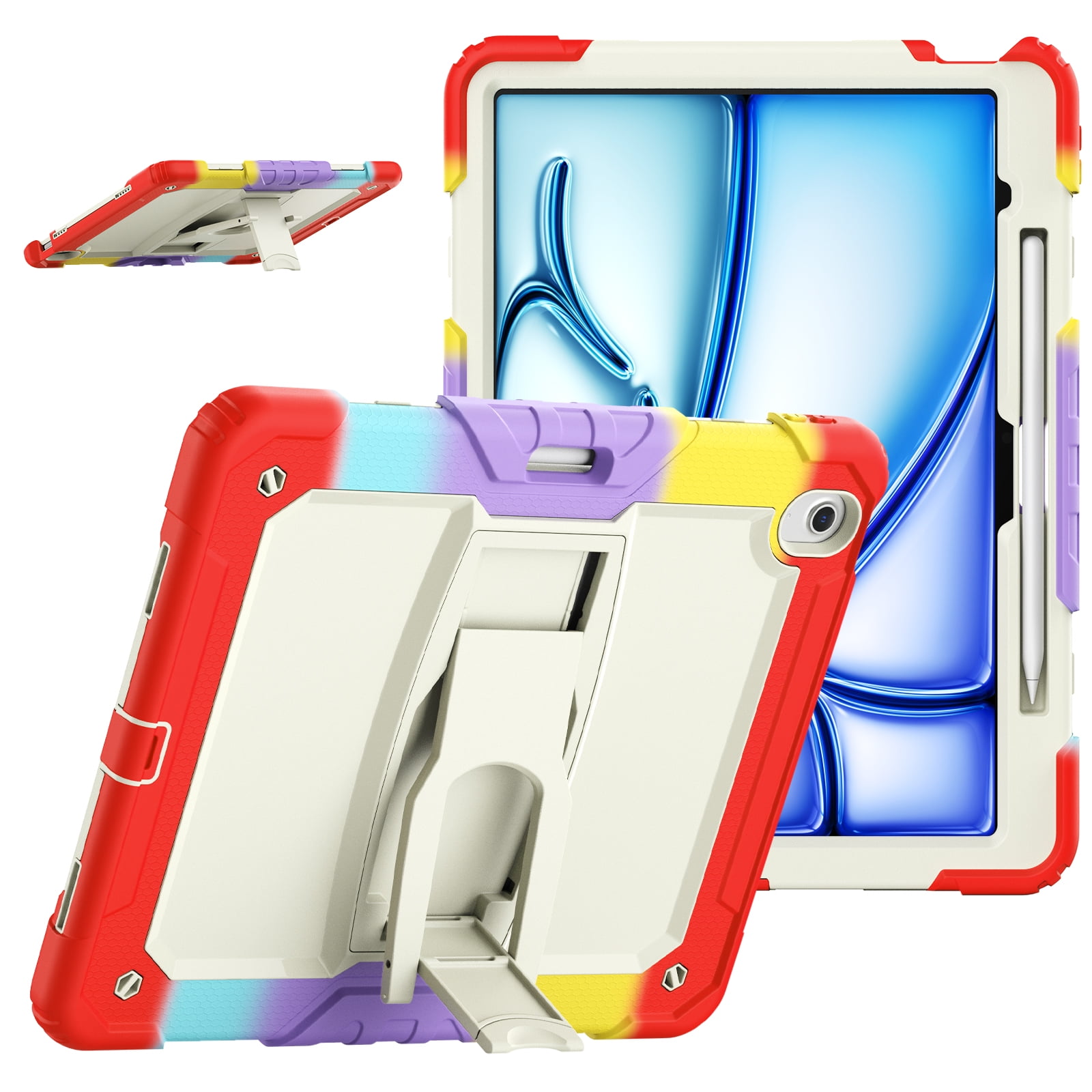 Rugged Case For Apple iPad Air 13 (2024) – 3-Layer Protection Shockproof Stand Cover with Screen Protector, Adjustable Stand, Shoulder Strap, & Pencil Holder -- Colorful Red