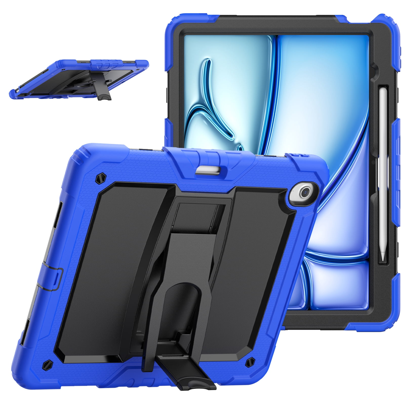 Rugged Case For Apple iPad Air 13 (2024) – 3-Layer Protection Shockproof Stand Cover with Screen Protector, Adjustable Stand, Shoulder Strap, & Pencil Holder -- Darkblue