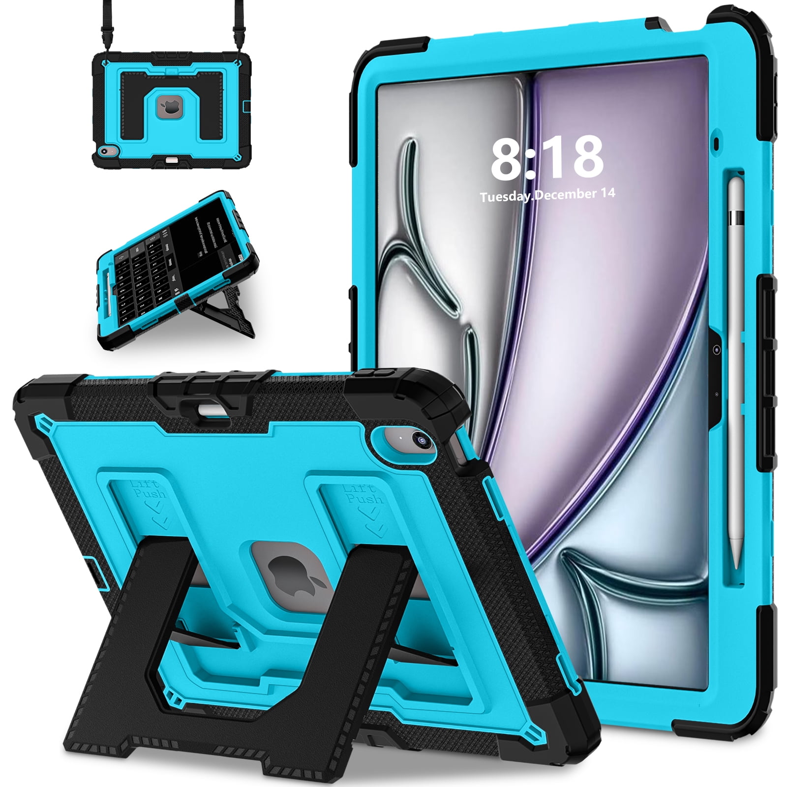 Rugged Case for Apple iPad Air 13 Inch M4 M3 M2 2026/2025/2024, Heavy Duty Tablet Case with Kickstand, Pencil Holder & Detachable Shoulder Strap, Black+Blue