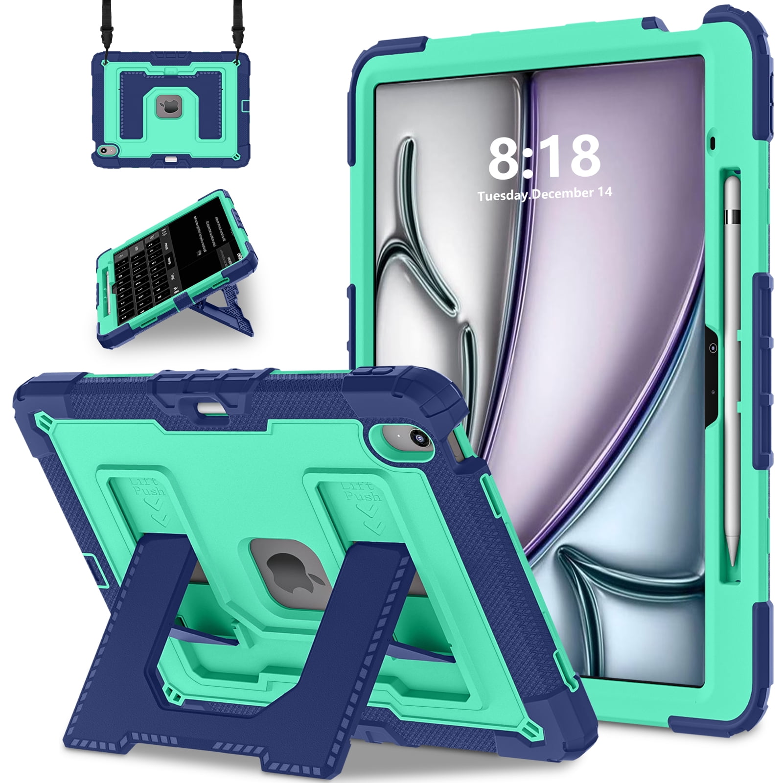 Rugged Case for Apple iPad Air 13 Inch M4 M3 M2 2026/2025/2024, Heavy Duty Tablet Case with Kickstand, Pencil Holder & Detachable Shoulder Strap, Black+Green