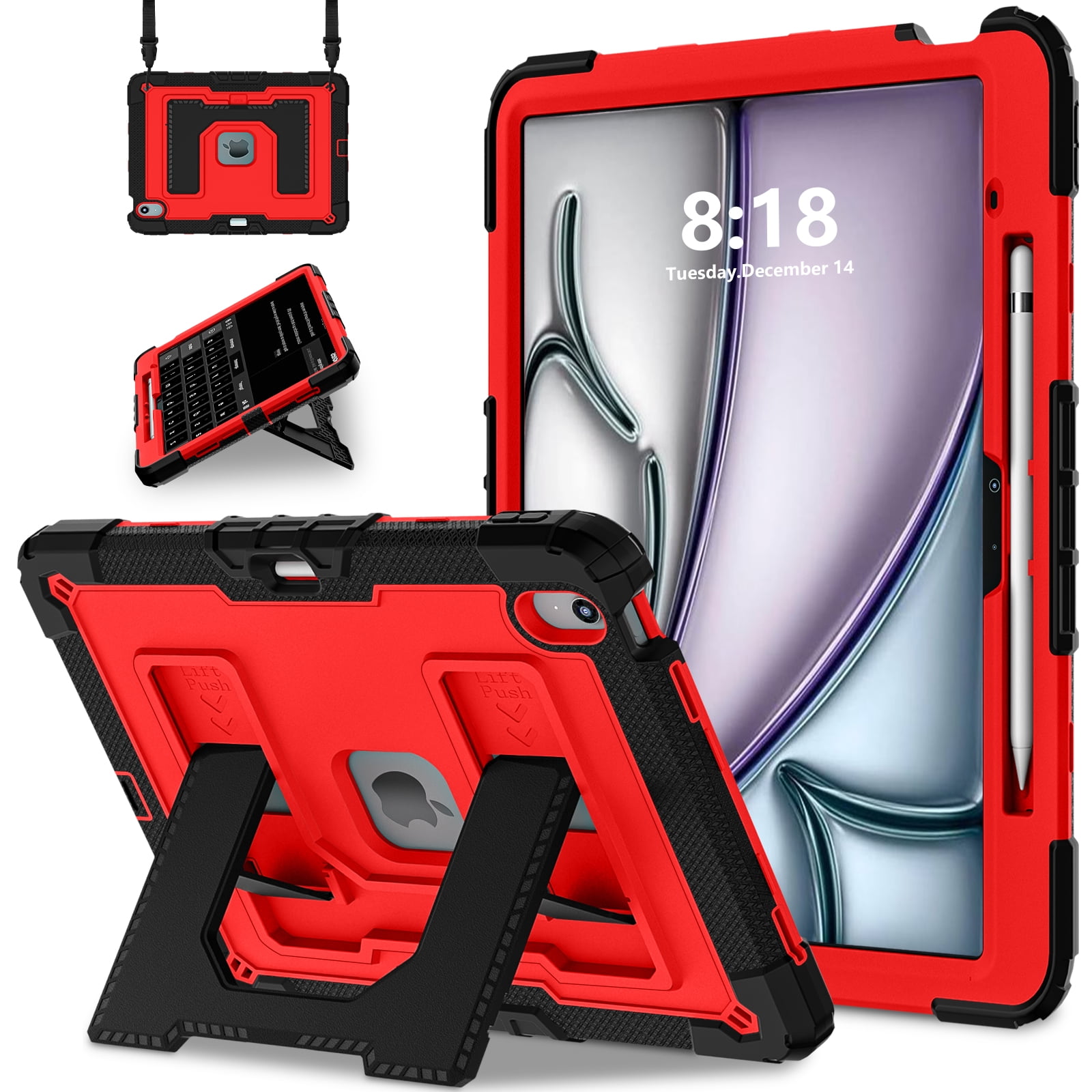 Rugged Case for Apple iPad Air 13 Inch M4 M3 M2 2026/2025/2024, Heavy Duty Tablet Case with Kickstand, Pencil Holder & Detachable Shoulder Strap, Black+Red