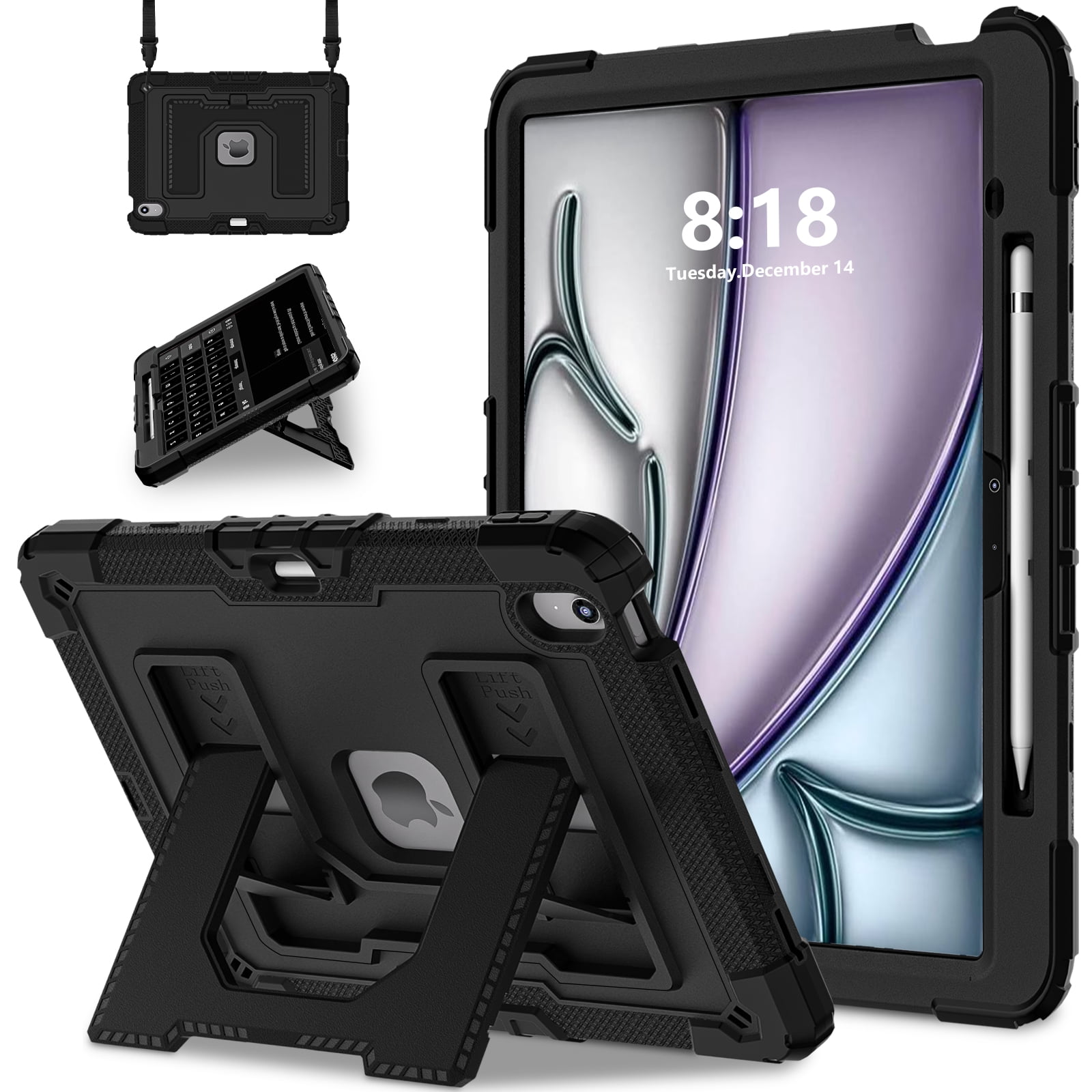 Rugged Case for Apple iPad Air 13 Inch M4 M3 M2 2026/2025/2024, Heavy Duty Tablet Case with Kickstand, Pencil Holder & Detachable Shoulder Strap, Black