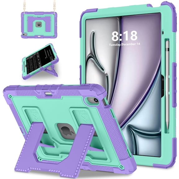 Rugged Case for Apple iPad Air 13 Inch M4 M3 M2 2026/2025/2024, Heavy Duty Tablet Case with Kickstand, Pencil Holder & Detachable Shoulder Strap, Purple+Mint