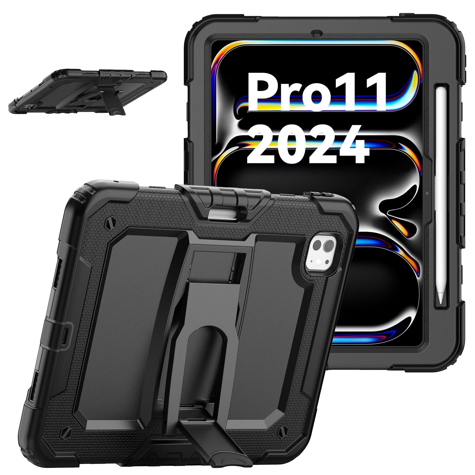 Rugged Case For Apple iPad Pro 11 (2024) – 3-Layer Protection Shockproof Stand Cover with Screen Protector, Adjustable Stand, Shoulder Strap, & Pencil Holder -- Black