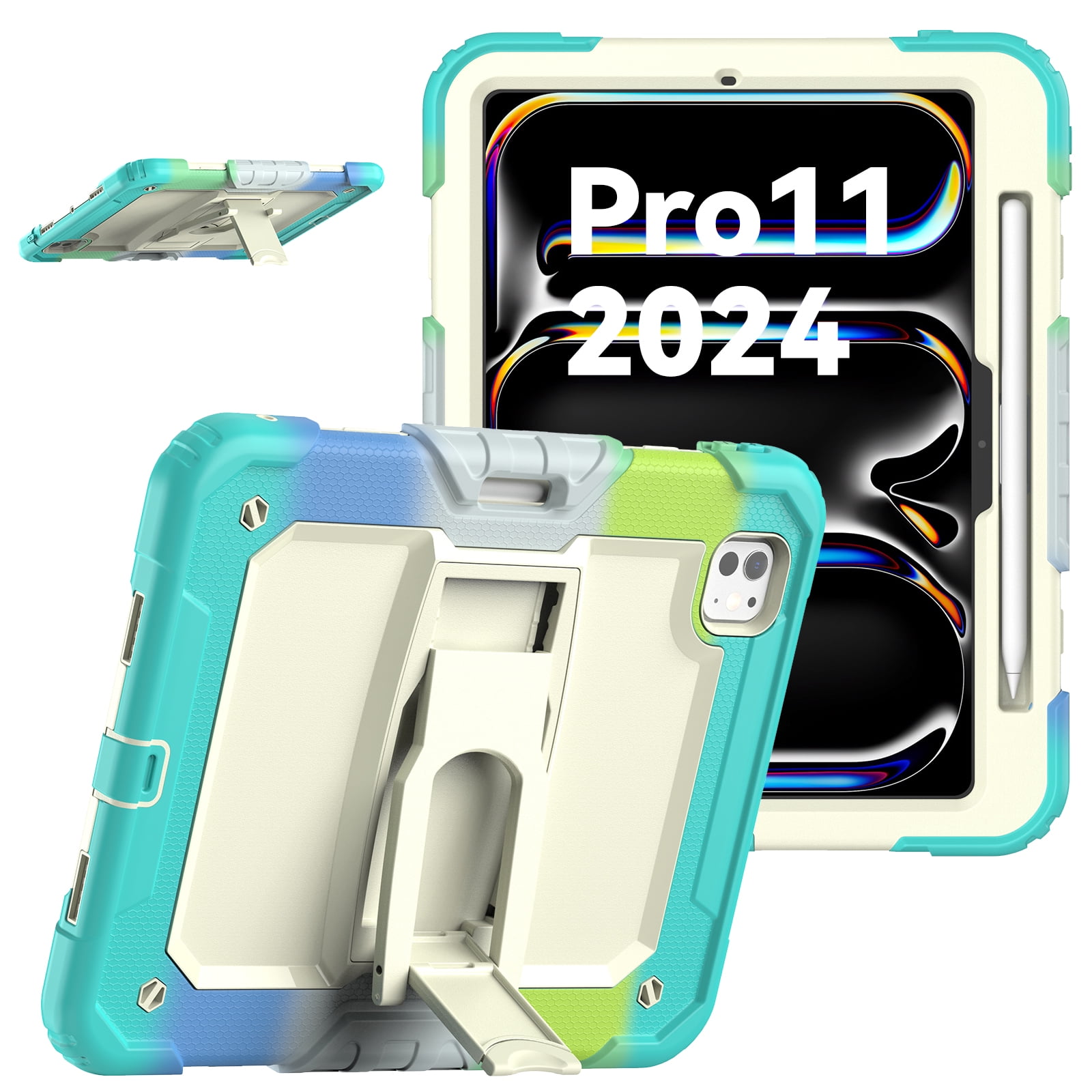 Rugged Case For Apple iPad Pro 11 (2024) – 3-Layer Protection Shockproof Stand Cover with Screen Protector, Adjustable Stand, Shoulder Strap, & Pencil Holder -- Colorful Blue