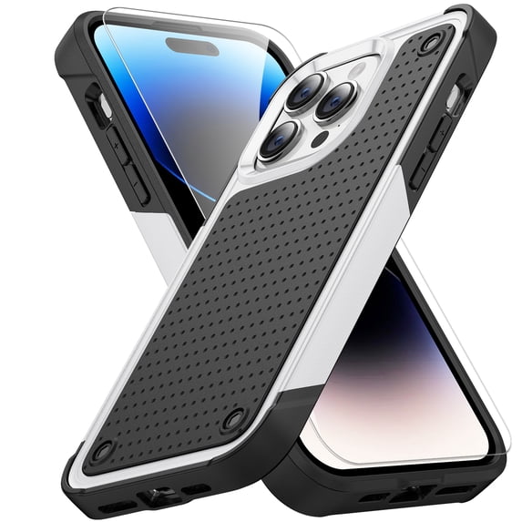 Rugged Case for Apple iPhone 14 Pro Max with 1 Pack Screen Protector, Military Grade Protective Anti-Slip Bumper Drop Proof Dual Layers TPU PC Back Case Cover for iPhone 14 Pro Max, White