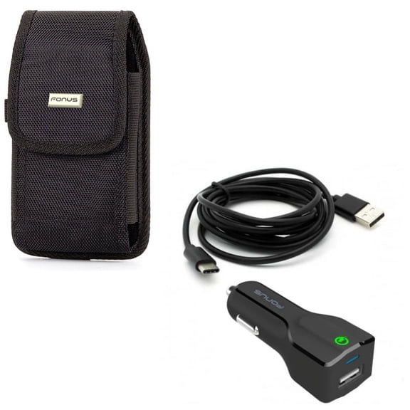 Rugged Case Belt Clip w 24W Fast Car Charger for OnePlus 9, Nord N200 5G/N100/N10 5G, Pro Phone - Holster Canvas Cover, 2-Port USB 6ft Cable Type-C B1V for OnePlus 9, Nord N200 5G/N100/N10 5G, Pro