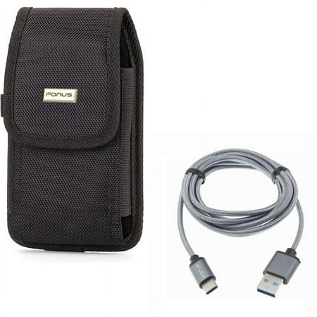Rugged Case Belt Holster w Gray Durable Braided 10ft Long Type-C Cable Rapid Charge USB Wire Sync V1X for Acer Liquid Jade Primo - Alcatel 7, Idol 4S - ASUS ROG Phone, ZenFone AR 6 5z 4 Pro