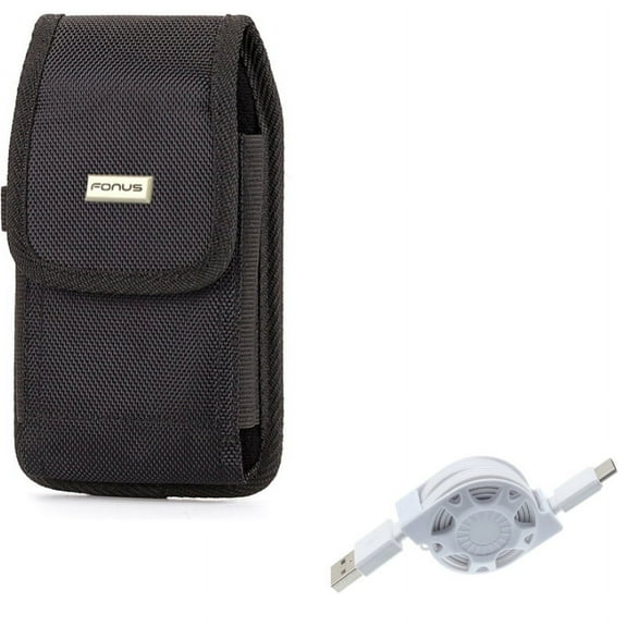 Rugged Case Belt Holster w Retractable White Type-C USB Cable Charge Sync Power Wire D1A for Blackberry Motion - BLU G9, Vivo XI Plus - Coolpad Legacy - Google Pixel XL 3a XL 3 XL 2 XL