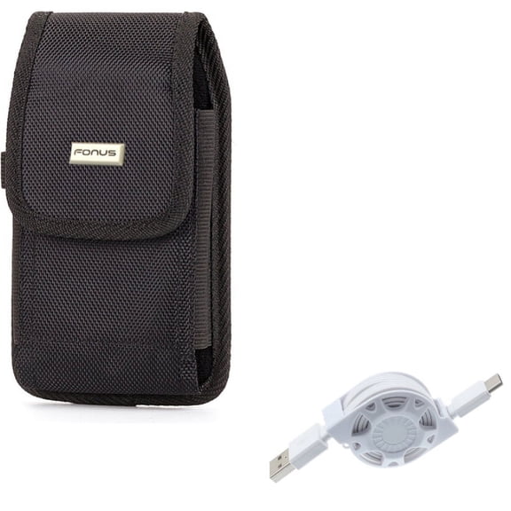 Rugged Case Belt Holster w Retractable White Type-C USB Cable Charge Sync Power Wire E7Q for Acer Liquid Jade Primo - Alcatel 7, Idol 4S - ASUS ROG Phone, ZenFone AR 6 5z 4 Pro