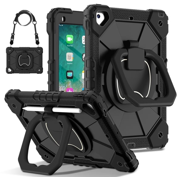 Rugged Case For iPad 5th 6th Generation 9.7 inch & Air 2 & Pro 9.7 Shockproof Cover with Rotatable Stand & Pencil Ring & Strap