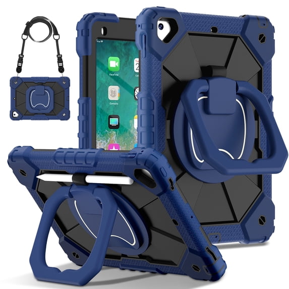 Rugged Case For iPad 5th 6th Generation 9.7 inch & Air 2 & Pro 9.7 Shockproof Cover with Rotatable Stand & Pencil Ring & Strap