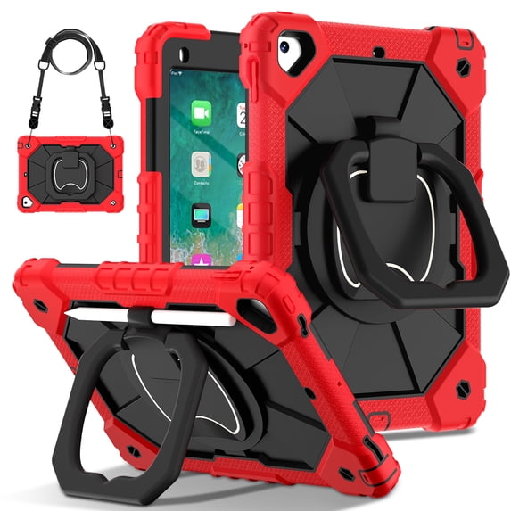 Rugged Case For iPad 5th 6th Generation 9.7 inch & Air 2 & Pro 9.7 Shockproof Cover with Rotatable Stand & Pencil Ring & Strap