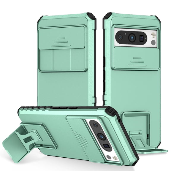 Rugged Case for Google Pixel 9 / 9 Pro Camera Lens Sliding Cover, Hidden Bracket Kickstand Hybrid PC + TPU Military Grade Heavy Duty Shockproof Case for Google Pixel 9 / 9 Pro, Lightblue