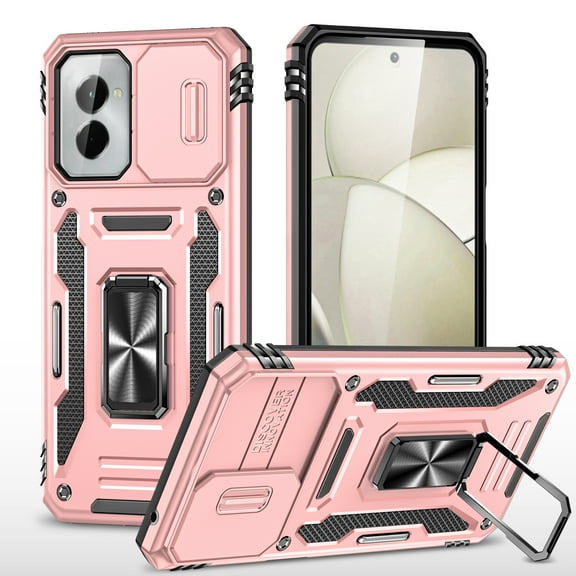 Rugged Case for Motorola Moto G (2025), Sliding Lens Camera Cover Protection, Ring Kickstand Compatible with Magnetic Car Mount, Military Grade Protection Hybrid Shockproof Phone Case, Rosegold