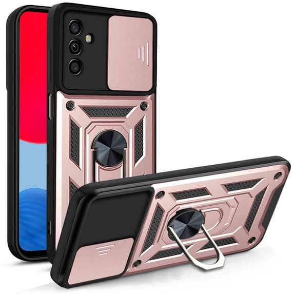 Rugged Case for Samsung Galaxy A32 5G Shockproof Phone Case with Camera Lens Slide Cover and Ring Holder Kickstand, Support Magnet Car Mount, Military Grade Heavy Duty Protection Cover, Rosegold