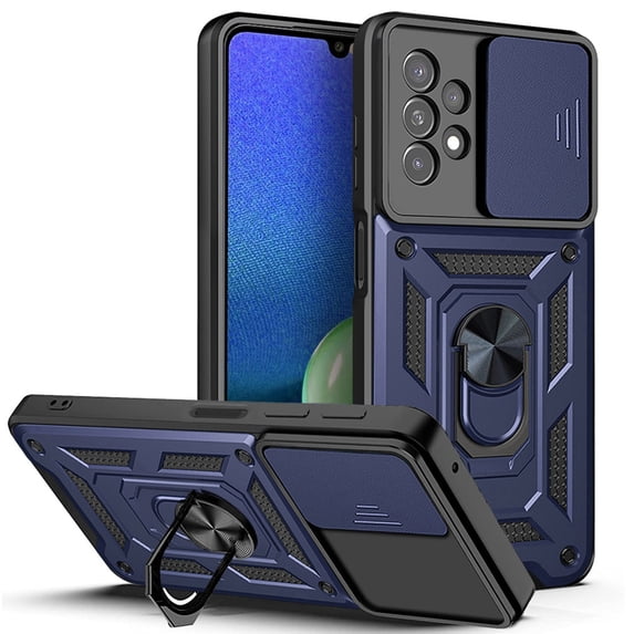 Rugged Case for Samsung Galaxy A32 5G Shockproof Phone Case with Camera Lens Slide Cover and Ring Holder Kickstand, Support Magnet Car Mount, Military Grade Heavy Duty Protection Cover, Blue