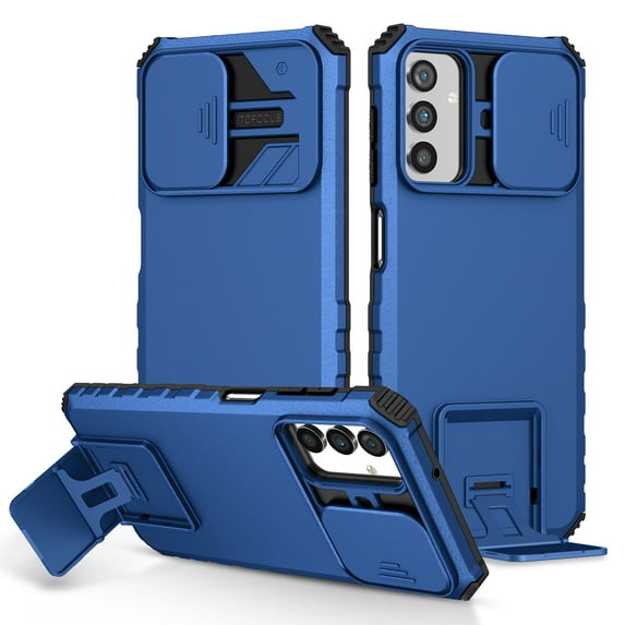 Rugged Case for Samsung Galaxy A34 5G Camera Lens Sliding Cover, Hidden Bracket Kickstand Hybrid PC + TPU Military Grade Heavy Duty Shockproof Case for Samsung Galaxy A34 5G, Blue