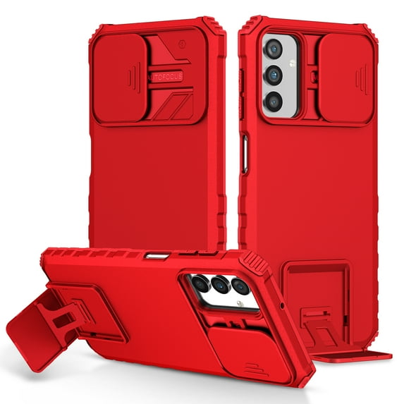Rugged Case for Samsung Galaxy A35 Camera Lens Sliding Cover, Hidden Bracket Kickstand Hybrid PC + TPU Military Grade Heavy Duty Shockproof Case for Samsung Galaxy A35, Red